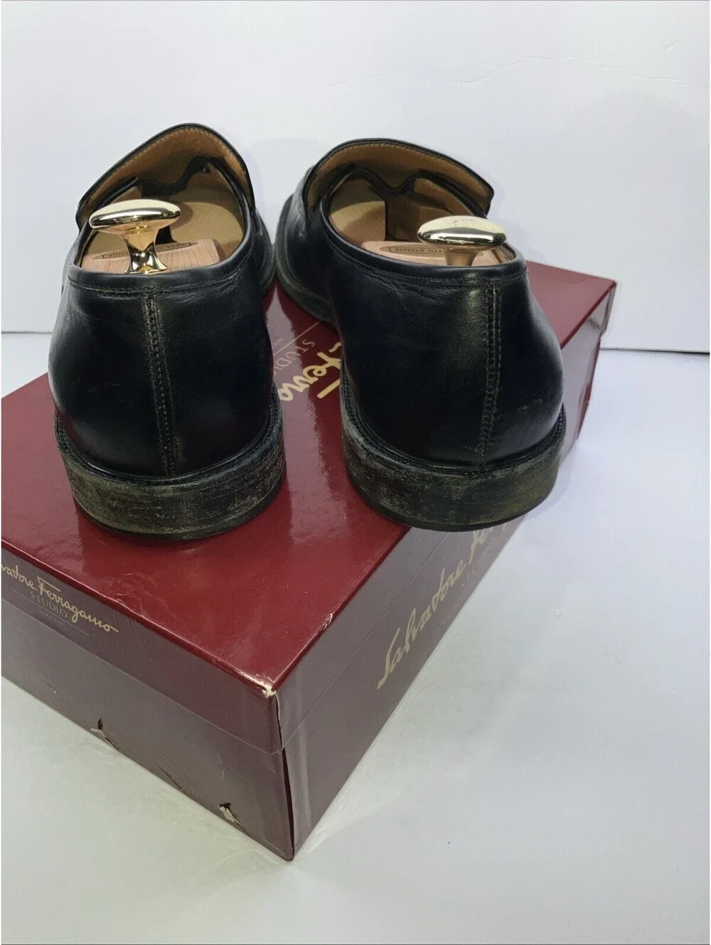 Ferragamo Mens Black Loafers 12 D Silver Horse Bit Ticket Luxury Leather Shoe